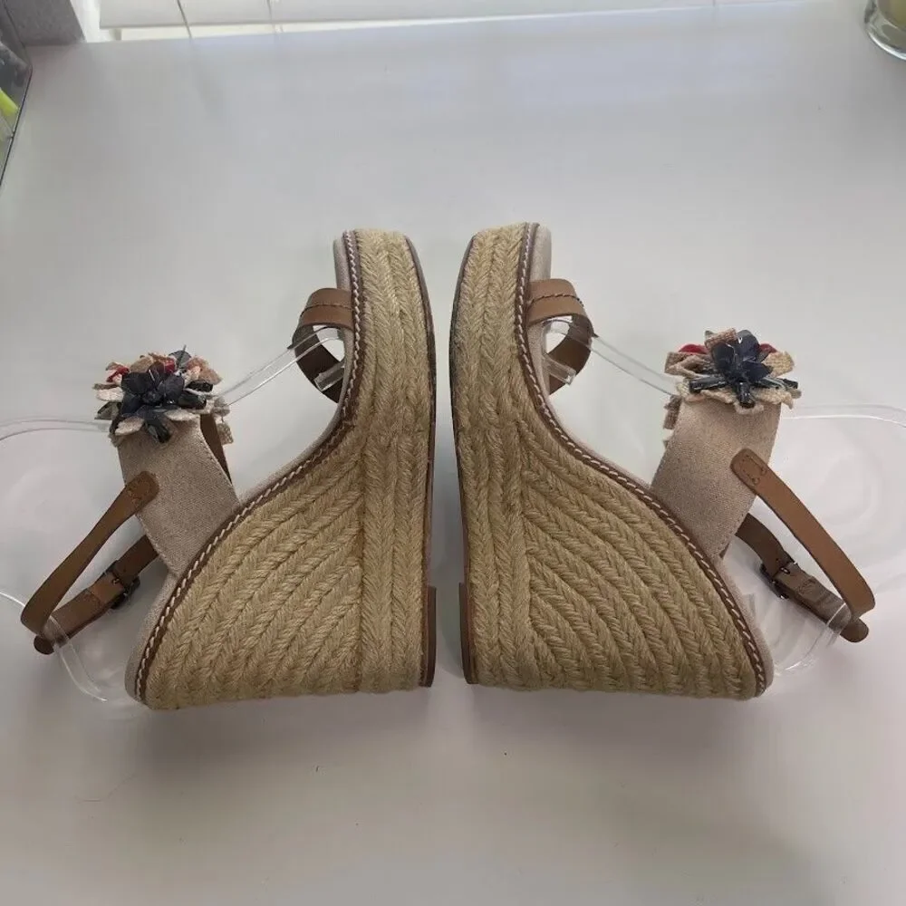 Tory Burch Linen Espadrille Wedge 7.5 Double Strap Sandals Boho Floral Jeweled